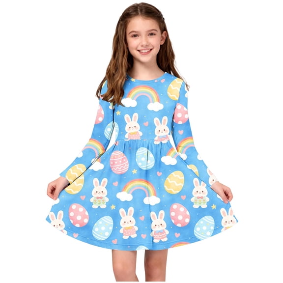 ATOGUTA Girls Easter Dress Long Sleeve Easter Dresses Girl Long Midi Springs Dress Kids Smocked Flare Summer Dress Size 4T-14. Blue