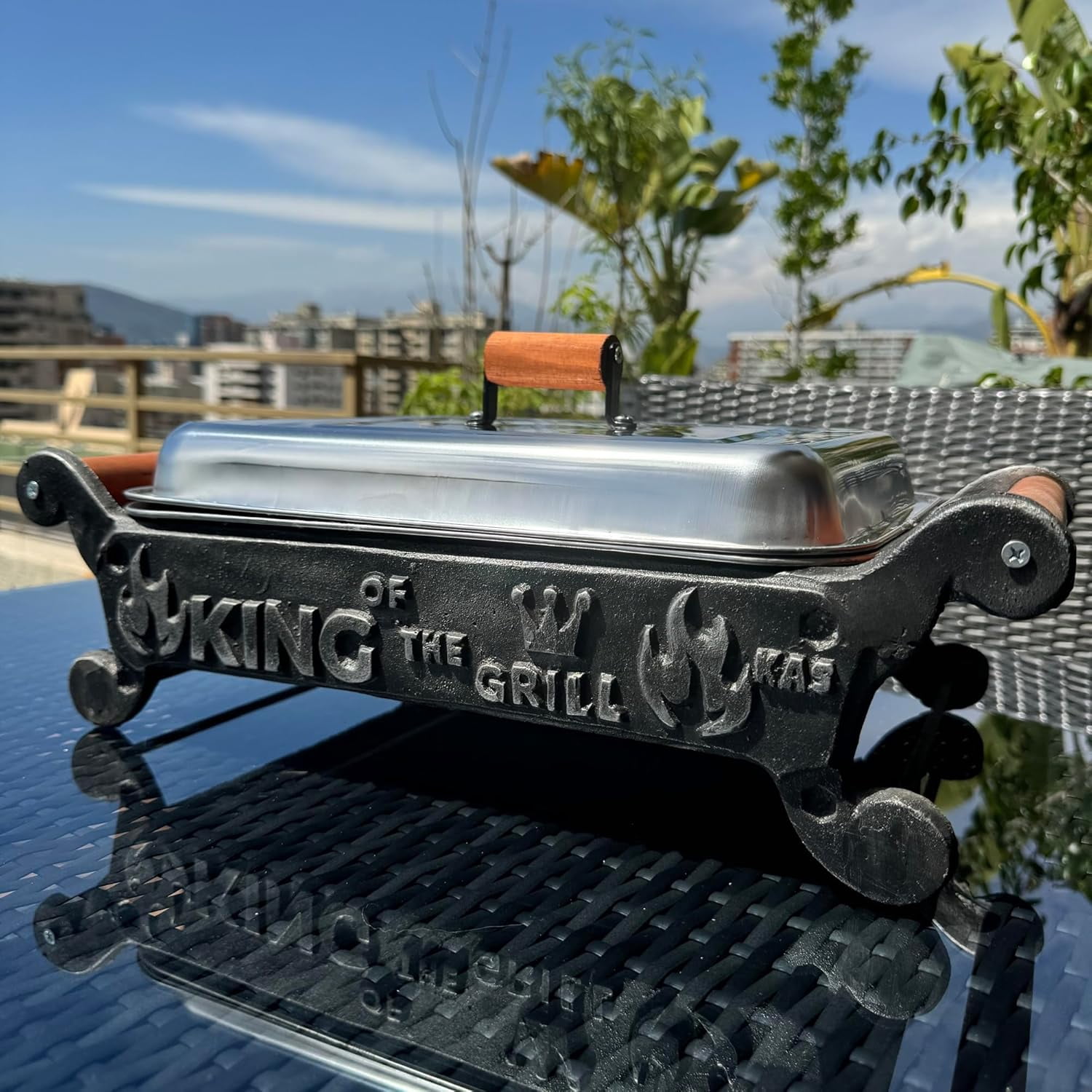 Handmade Cast Iron Tabletop Charcoal Grill & Food Warmer with Stainless Steel Tray, Wooden Handles, and Thermal Protector for Safe, Flavorful Grilling (King of the Grill)