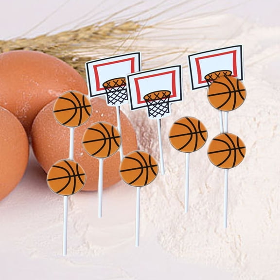 24pcs Cartoon Basketball Pattern Cake Toppers Party Cupcake Toppers Picks Kids Birthday Family Party Decoration Supplies (18xBasketball 6xBasketball Hoop)