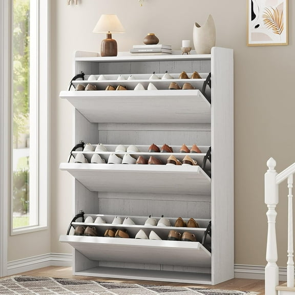 Homhougo Shoe Cabinet with 3 Flip Drawers, Modern Shoe Storage for Entryway, Wooden Shoe Organizer Cabinet with Adjustable Shelf, Hidden Shoe Rack for Hallway, Living Room, White
