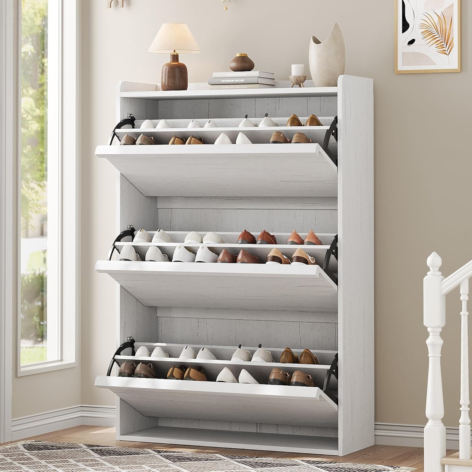 Homhougo Shoe Cabinet with 3 Flip Drawers, Modern Shoe Storage for Entryway, Wooden Shoe Organizer Cabinet with Adjustable Shelf, Hidden Shoe Rack for Hallway, Living Room, White