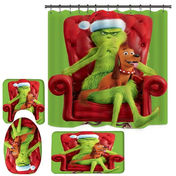 4 Pcs Christmas Shower Curtain Set, Christmas Bathroom Sets with Non-Slip Rug, Toilet Cover & Bath Mat, Green Holiday Shower Curtains for Bathroom Decor with Hook