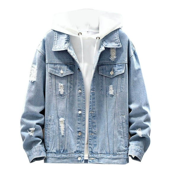 JUMESGU Men's Jean Jacket Ripped Distressed Denim Trucker Coat with Holes (Light Blue,XXL)