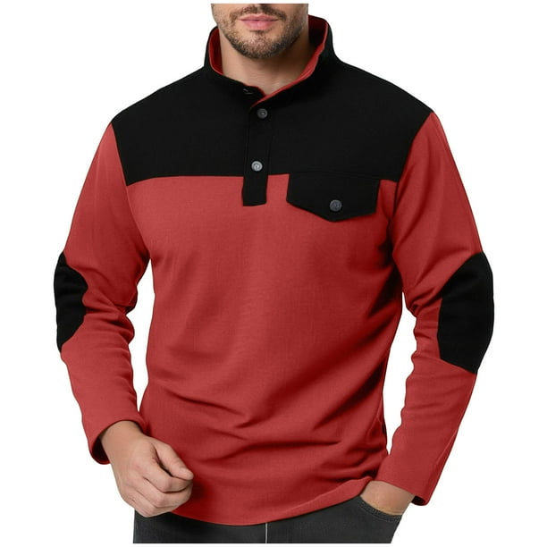 pstuiky Camisas casuales de manga larga para hombre, Sudadera con capucha para hombre, de color liso, manga larga, cuello alto, cuadros, bolsillos y botones, con bloques de color m