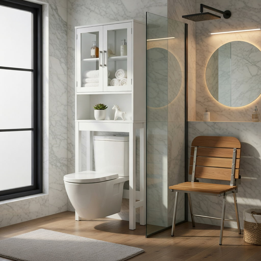 Hommoo Over the Toilet Storage Cabinet with Tempered Glass Doors, Bathroom Space Saver, Adjustable Shelf, Wall-Safe Anti-Tip Design, White