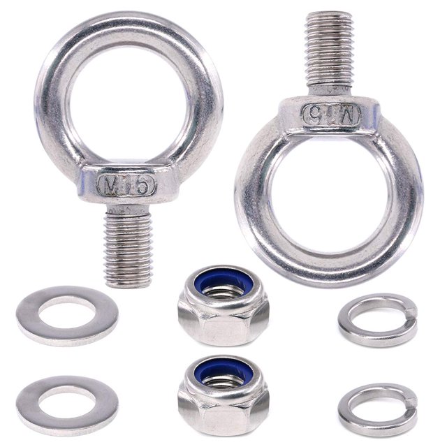 Juego de 8 pernos de ojo de anillo de elevación de rosca macho M16 de acero inoxidable 304 que incluye 2 pernos de ojo M16 con 2 tuercas de seguridad, 2 arandelas de seguridad y 2 arandelas planas