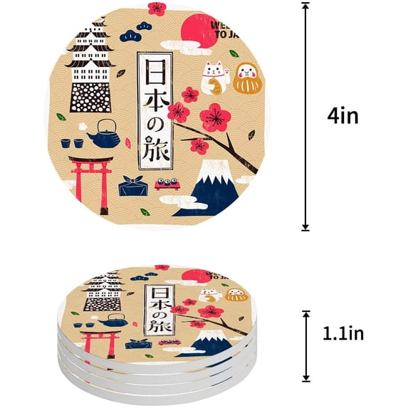 FMSHPON Travel Temple Culture Hand Drawn Illustration Set of 4 Round Coaster for Drinks, Absorbent Ceramic Stone Coasters Cup Mat with Cork Base for Home Kitchen Room Coffee Table Bar Decor