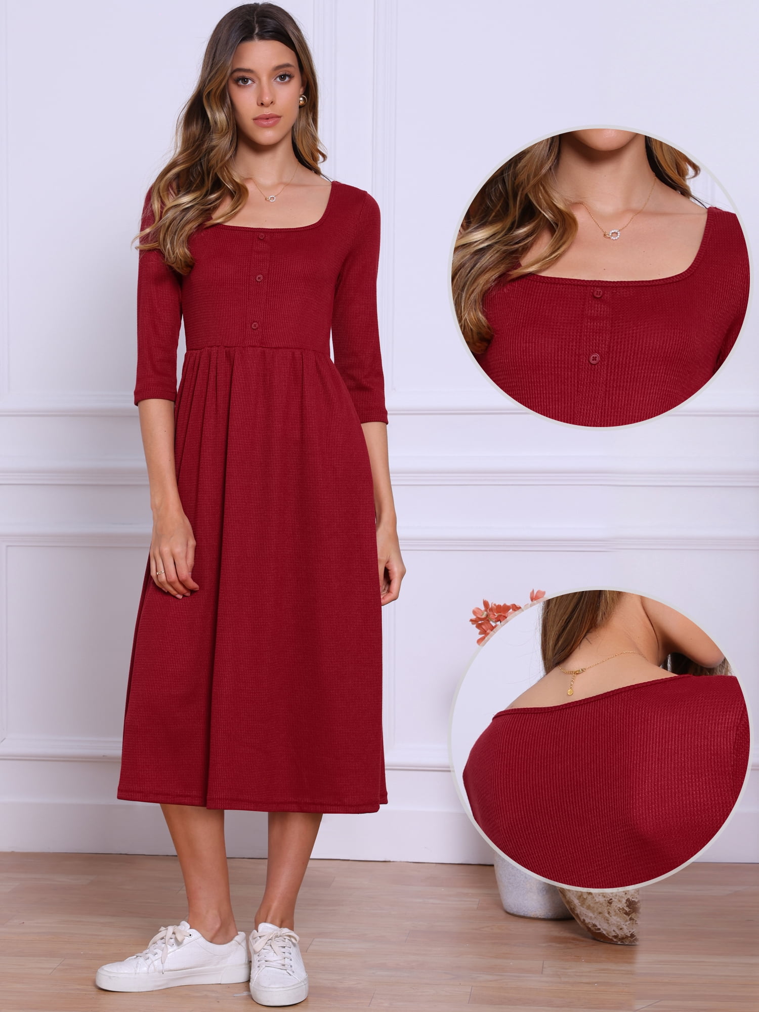 DARING DIVA Women's Casual Midi 3/4 Sleeves Square Neckline Dress M Dark Red