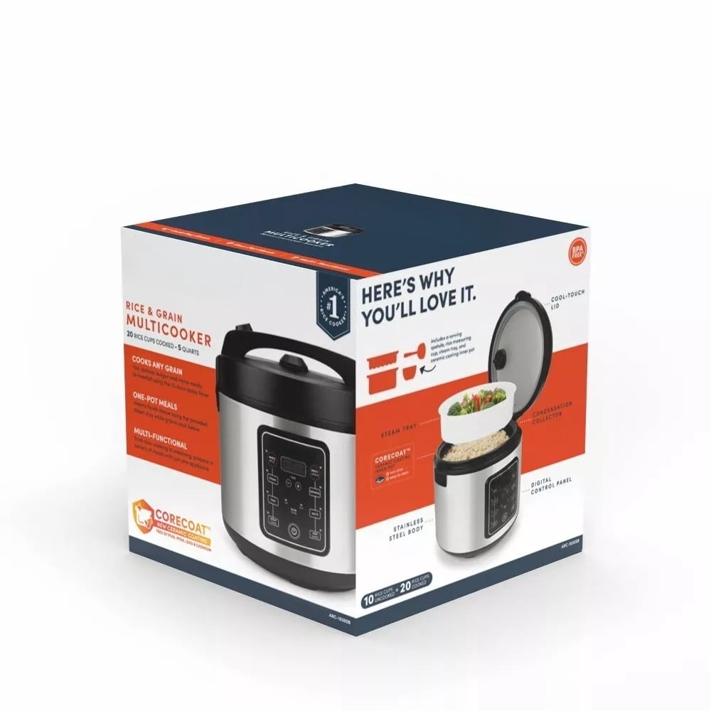 20 Cup Digital Multicooker & Rice Cooker - Stainless Steel, 5 Settings, Auto Keep Warm, Nonstick, 700W