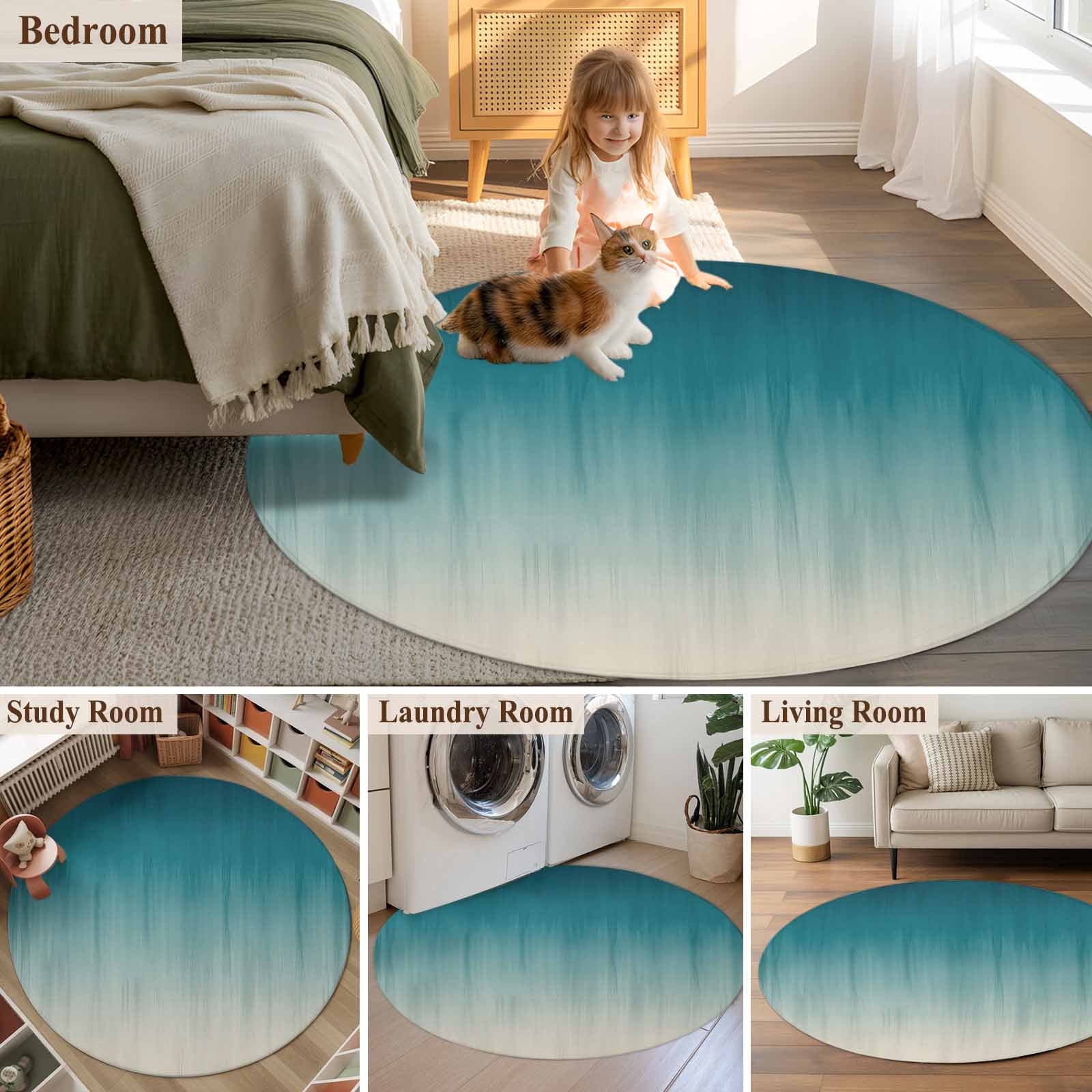 Round Area Rugs Collection 6 Ft, Teal Blue Ombre Non-Slip Residential Carpet, Contemporary Gradient Abstract Art Indoor Crawling Mats Runner Rugs for Living Room/Dining Room/Bedroom