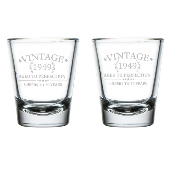 Set of 2 Shot Glasses Glass Cheers To 75 Years Vintage 1949 75th Birthday