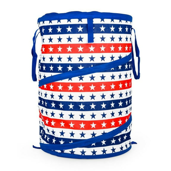 Camco 30 Gallon American Patriotic Collapsible Household Garbage Can with Carry Bag, Blue/Blue