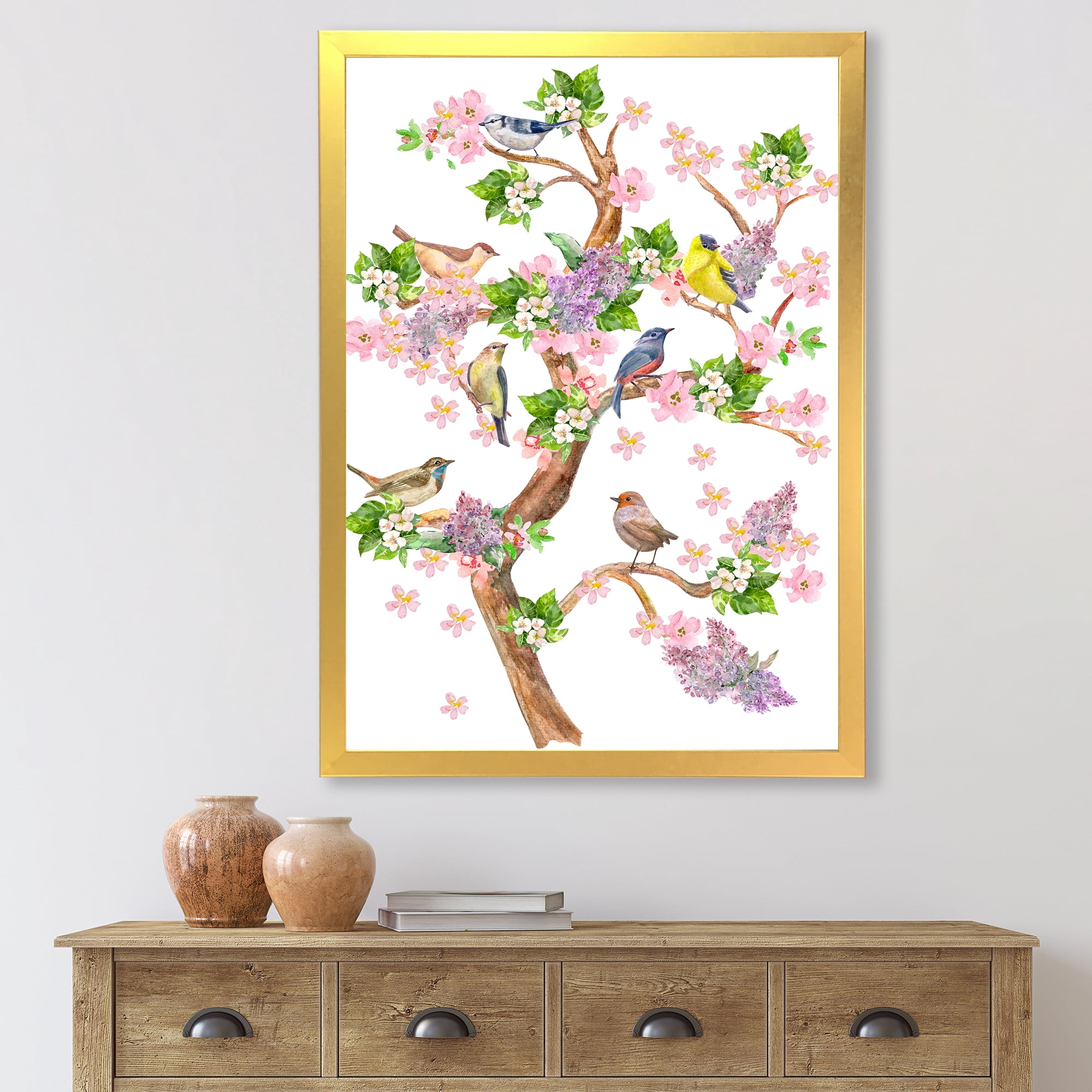 Tree With Colorful Birds Sitting On Flowering Branches 12 in x 20 in Framed Painting Canvas Art Print, by Designart
