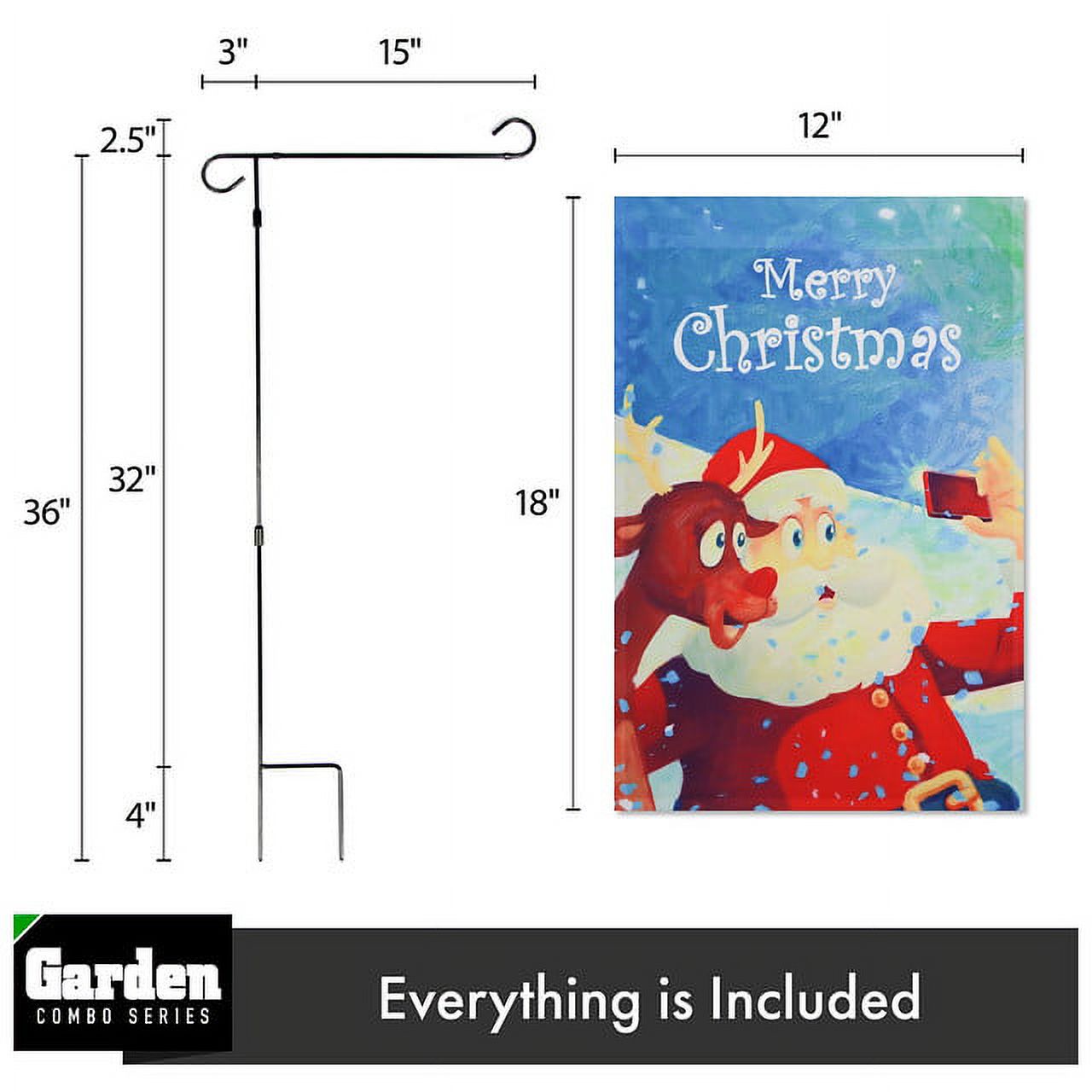 G128 2sets: 36"x16" Garden Flag Stand Black & 12x18" Christmas Garden Flag Santa Reindeer Selfie