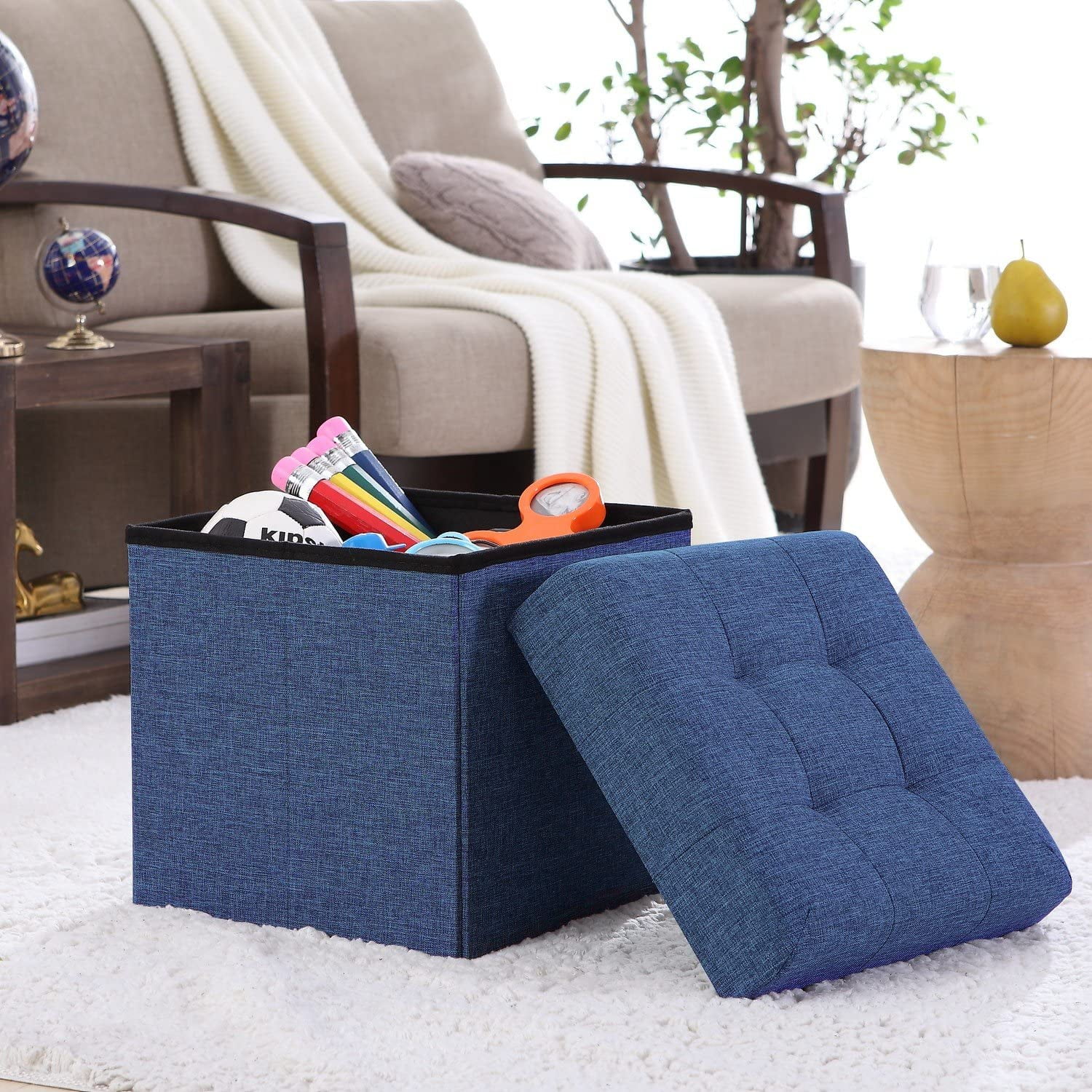 Navy Blue Retro Footstool Ottoman Hassock Foot Rest 14” Tall x 18