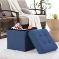 thumbnail image 2 of Ornavo Home Foldable Tufted Linen Storage Ottoman Cube Foot Rest Stool Seat - 15" x 15" (Navy Blue), 2 of 7