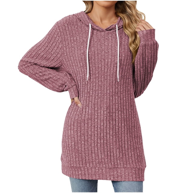 tarylea Trendy Tops for Women Hooded Drawstring Ribble Knitted Top Solid Color Long Sleeve Sweater Casual Loose Homewear Tops