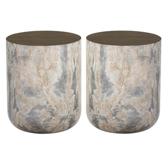 Home Square Diaz 16" Drum Modern Concrete End Table in Antique Brass - Set of 2