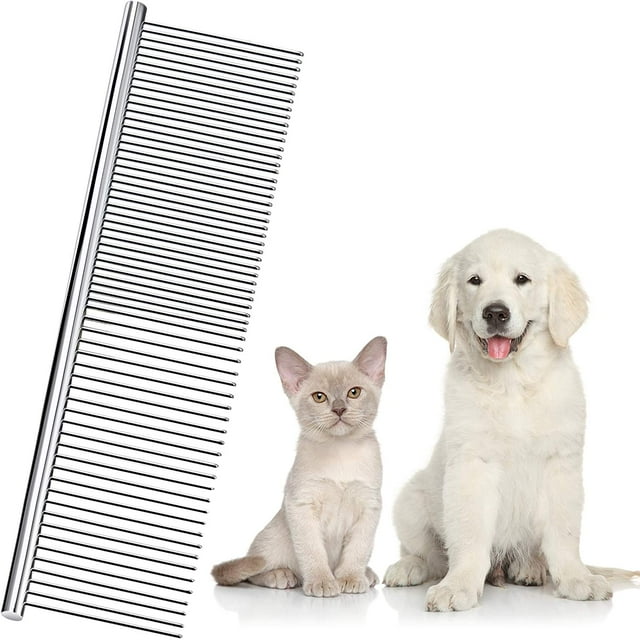 Peine de acero inoxidable para mascotas, peine de aseo para mascotas, peine de dientes redondos para perros y gatos con pelo enredado (19 x 4 cm)