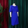 thumbnail image 3 of AURA Womens Pleated Midi Dress High Waist Belted A Line Crewneck Five Sleeve Elegant Summer Work Dress with Zipper, 3 of 9