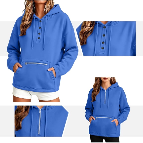 NSLGXD 1/4 Button Pullover Women Oversized Hoodie Sweatshirts Long Sleeve Pull On Drawstring Hoodies with Kangaroo Pocket S-2XL Blue Sweatshirt for Women