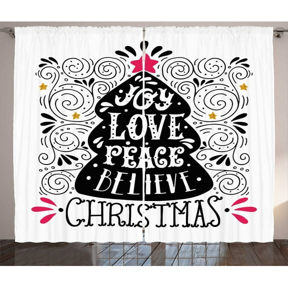 Ambesonne Joy Curtains 2 Panel Set, Christmas Tree Pattern, 108" x 84", Dark Coral Black White