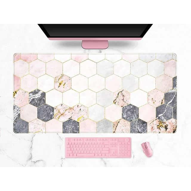 Marble Mouse pad Extended Full Desk Protector Mousepad Large Gaming Pink Grey Tiles Print Mouse Pads with Stitched Edges XXL,Keyboard Mat with Non-Slip Rubber Base for Office Home Work