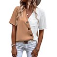 thumbnail image 1 of Camiseta De Verano Cuello En V Botón Oblicuo Bloque De Color Casual Cómodo Top De Mujer Para Ir De Compras Trabajo Caqui M, 1 of 6