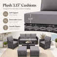 thumbnail image 5 of 6-Piece Outdoor Patio Furniture Set, PE Rattan Conversation Sofa Set with 3-Seat Sofa, 2 Chairs, 2 Ottomans & Glass Coffee Table, Gray Wicker with Dark Gray Cushions for Patio, Poolside, Backyard, 5 of 10