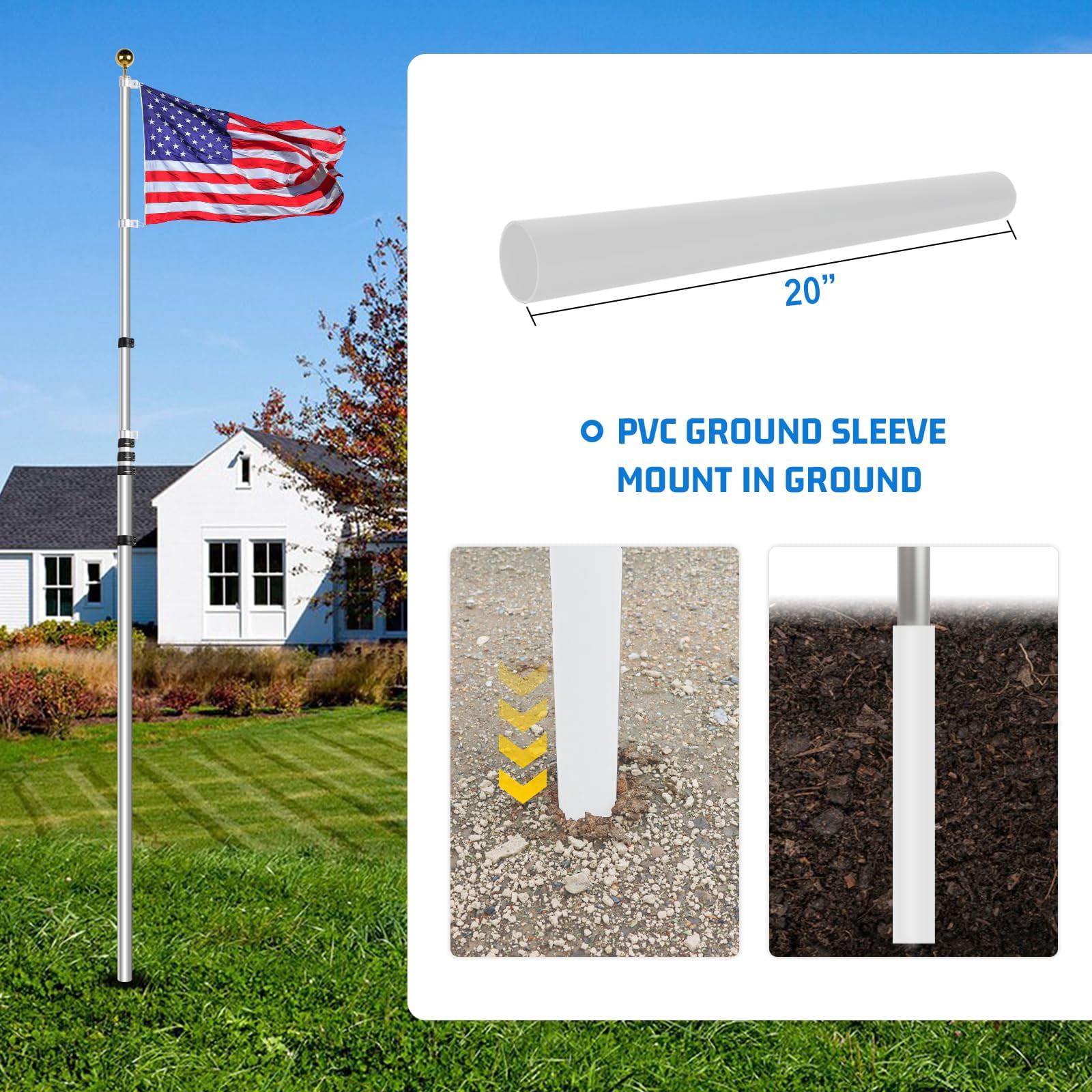 20ft Telescopic Flag Pole - Extra Thick Outdoor Telescoping Poles With 3x5 American For Residential Or Commercial Silver