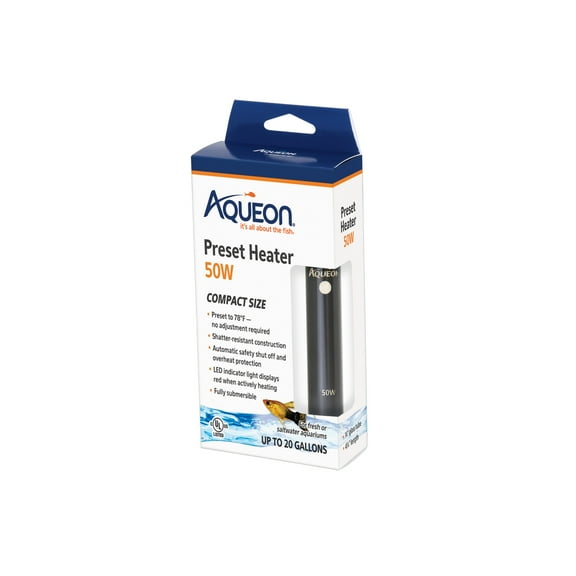 Aqueon Preset Aquarium Heater Black, 50 Watts, Up to 20 Gallons