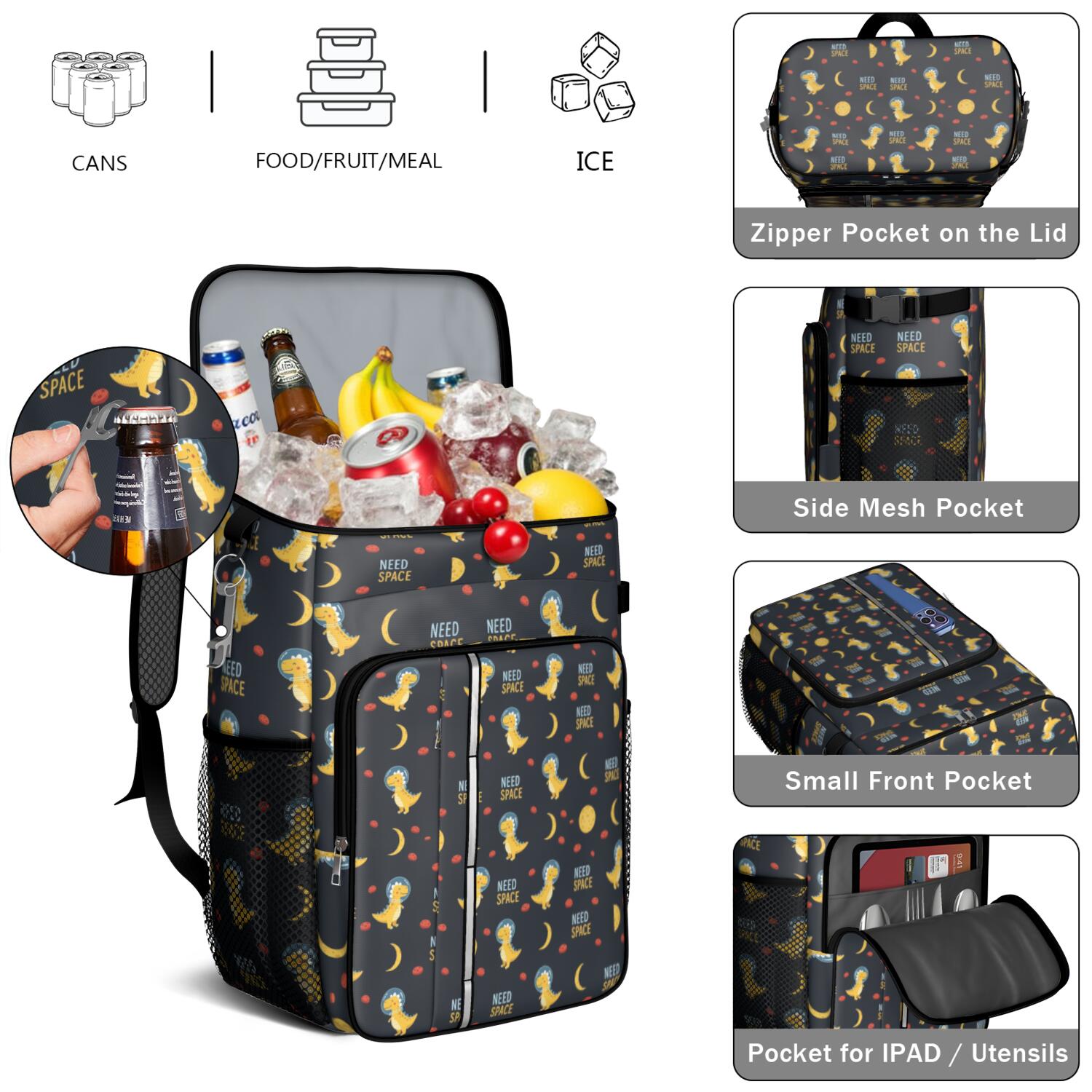 Travel Cooler Bag - DarkBlue Cartoon Dinosaurs Astronauts Pattern Camping Beer Cooler Backpack with Bottle Opener- Waterproof Insulated Picnic Backpacks - Cooler Bag for Beach