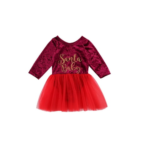 

Infant Christmas One-piece Baby Red U-shaped Neck Letters Print Dress