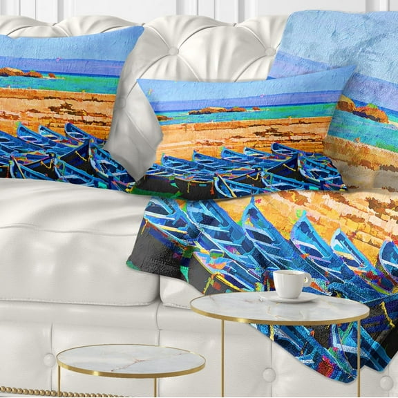 Designart Blue Boats in Sea - Seascape Throw Pillow - 12x20