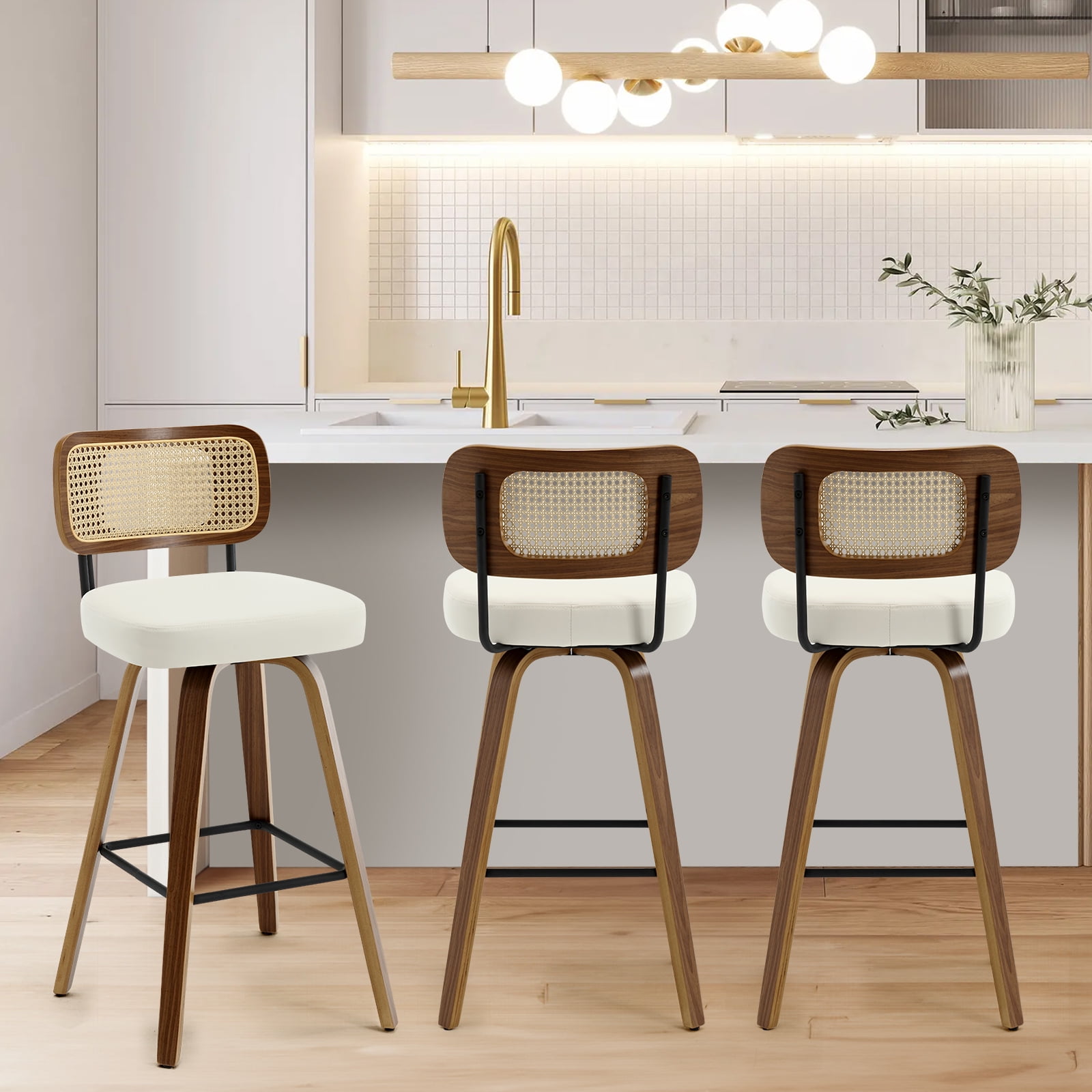 Foreate Swivel PU Bar Stools, Set of 2, 29" Bar Height Upholstered Leather with Rattan Back Wood Legs, Modern Chair Island Counter Stool for Kitchen, Cream White