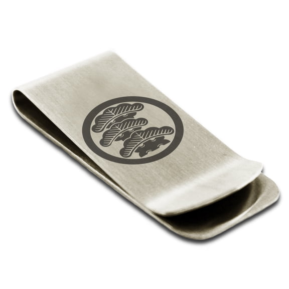 Stainless Steel Three-Tiered Pine Kamon Crest Engraved Money Clip Credit Card Holder