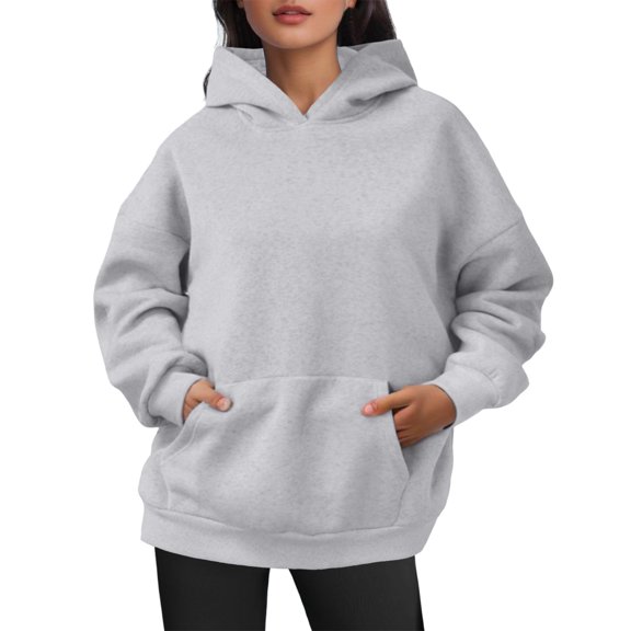 Likimi Womens Loose Hoodies Solid Color Long Sleeve Pullover With Pocket Fashion Autumn Winter Sweatshirt Size L Gray
