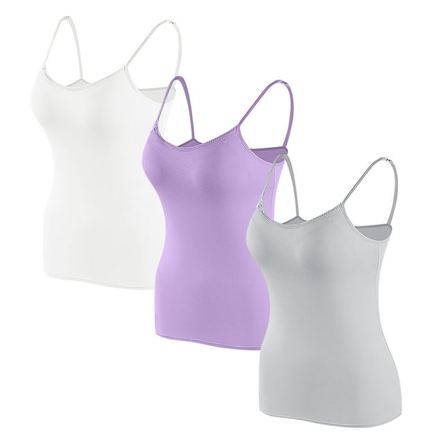 Timegard Camisoles pour Femmes 3 Pcs avec Soutien-Gorge Intégré Col Rond Bretelles Spaghetti Ajustées Douces Maillots de Corps Décontractés Hauts de Pyjama