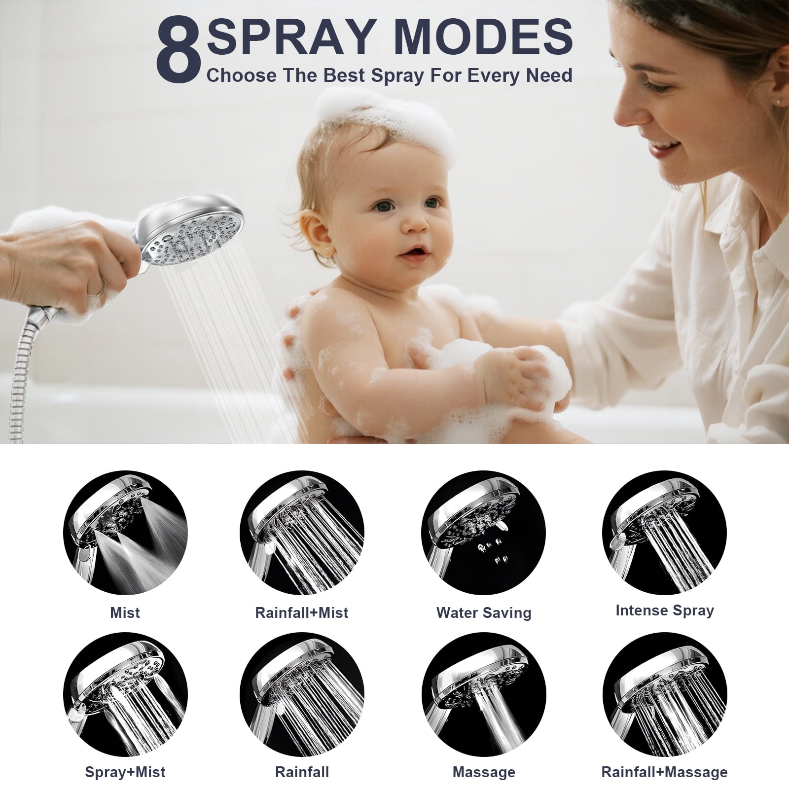 FETERVIC 8'' Dual Filtered Rainfall Shower Head Combo, 7-spray Shower Head, 8 Settings High Pressure Handheld Shower Head, 20 Stage Shower Filter, 3-Way Filter Rain Shower Head, Chrome