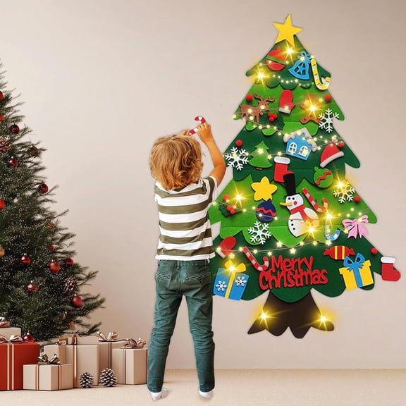 Felt Christmas Tree for Wall Decoration, 3.2 Ft Wall-Mounted Tree with 32 Ornaments & LED String Light, Wall or Door Hanging Christmas Decorations, Felt Craft Kits for Xmas Party Favors