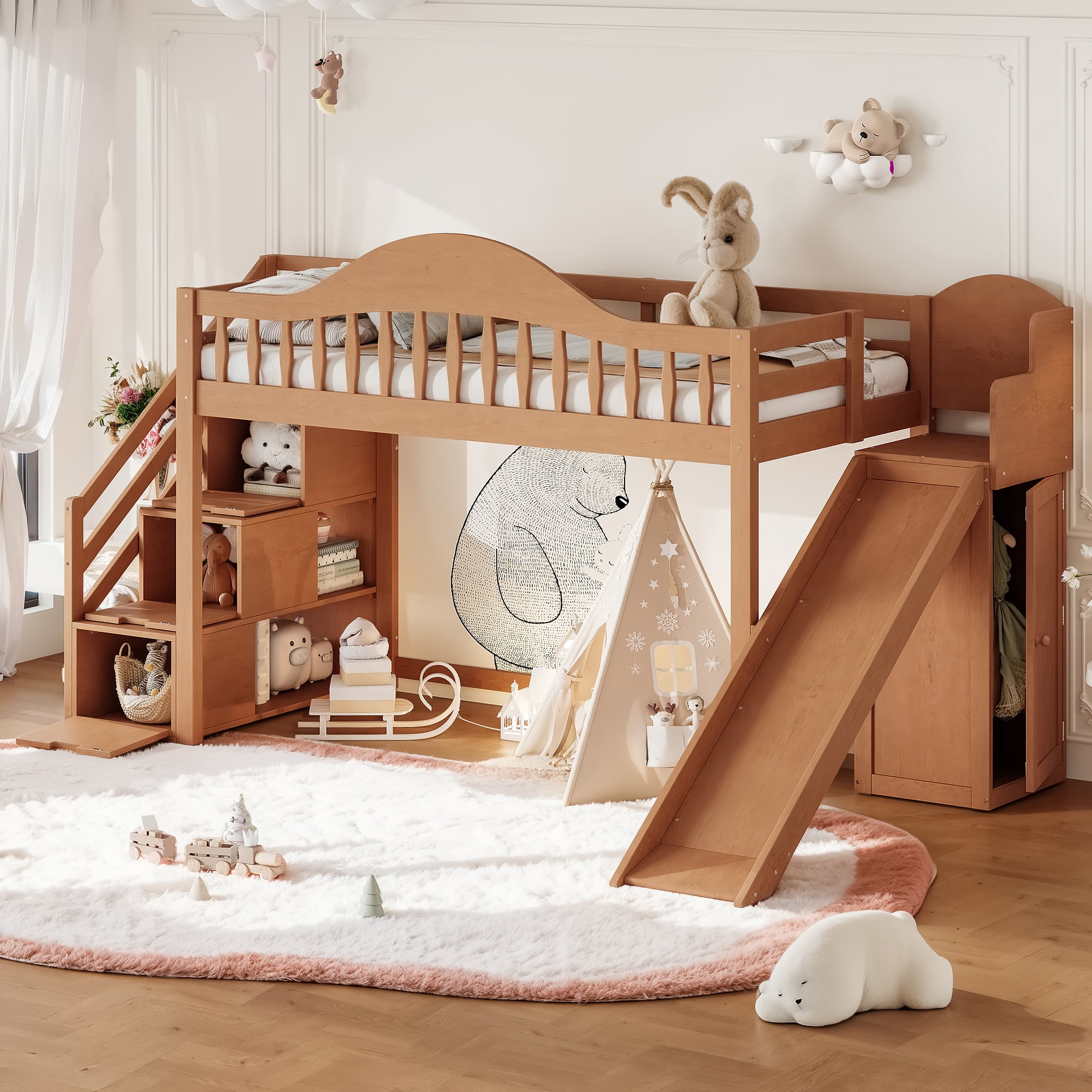Leumius Twin Size Loft Bed with Storage Stairs, Slide & Built-in Wardrobe,Soild Wood Loft Bed Frame with High Guardrail,Walnut