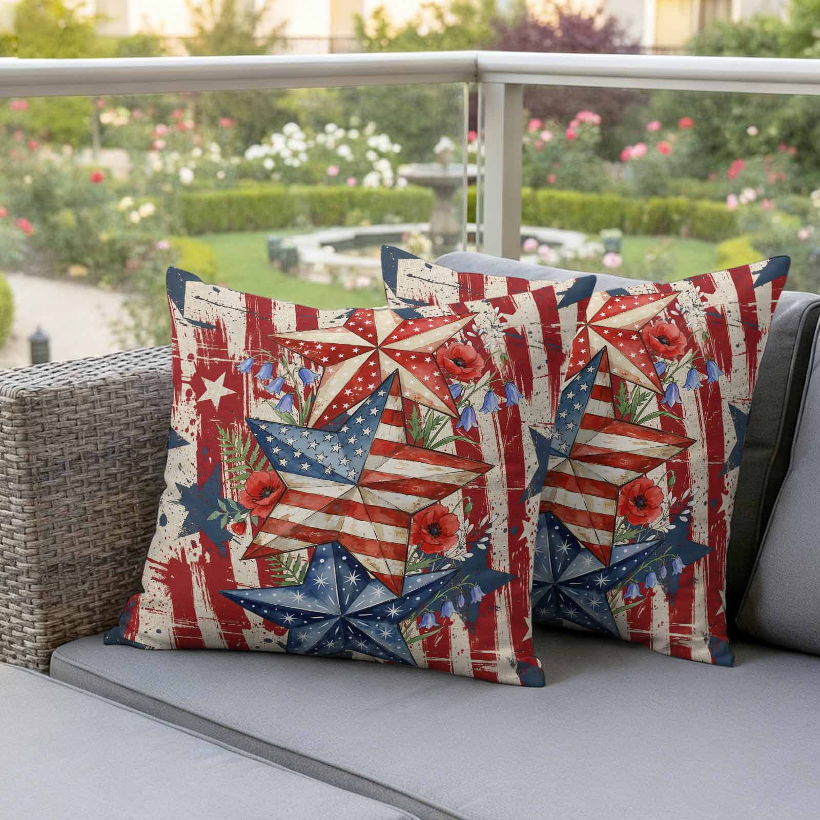 Outdoor Pillow Covers Waterproof, Patriotic USA Flag Decorative Square Throw Pillowcases Patio Cushion Covers for Tent/Garden, 20" x 20" 2 Pack, Texas Star Botanical Leaves Red Striped
