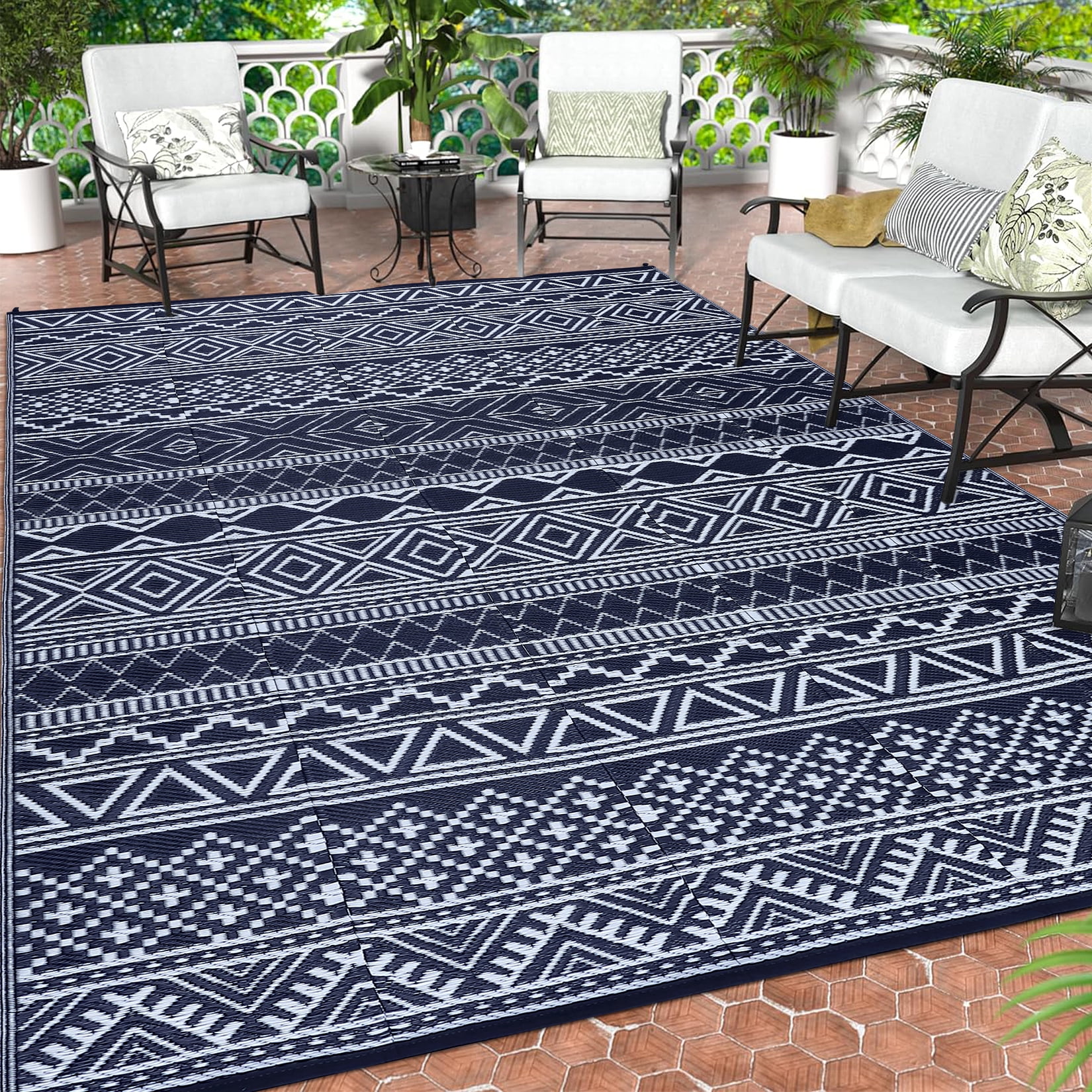 HIWEAVER 8' x 10' Navy/White Outdoor Rug PP Plastic Straw Woven Waterproof Patio Rug with Border Portable Outside Carpet for Balcony Deck Picnic Garden Decor