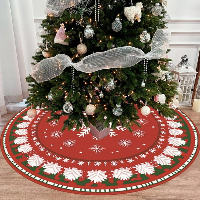 Washable Christmas Tree Skirt Short Pile Polyester Holiday Decor with HD Print Festive Xmas Mat Rug for Home Party Decoration Waterproof Reversible Tree Collar Cover Stand Base Protector Floor Mat