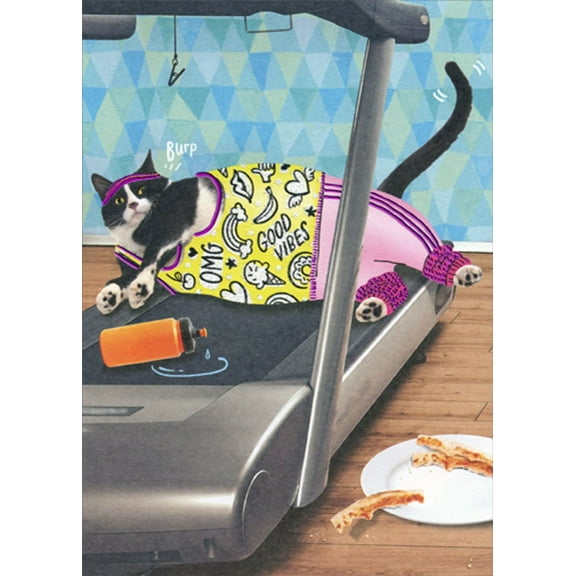 Designer Greetings Cat in Exercise Clothes Lying on Treadmill Funny / Humorous Birthday Card
