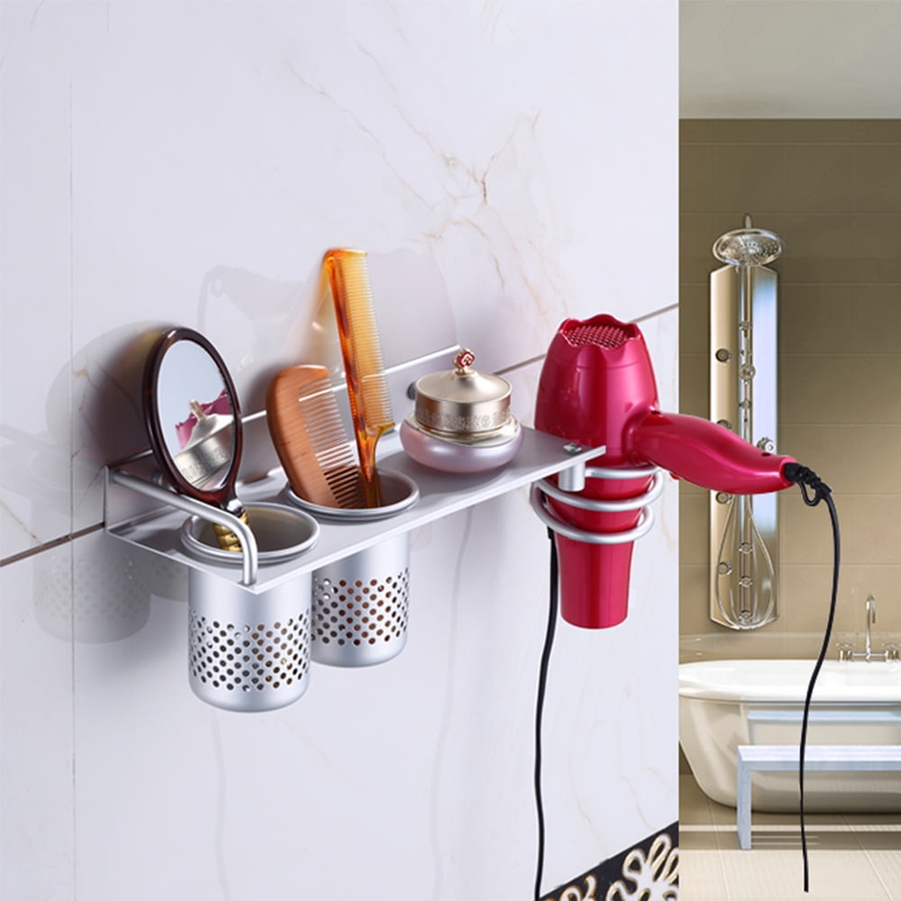 Hair Dryer Holder Wall Mounted Hair Dryer Hanging Rack With Organizer Cup Aluminum Storage Rack