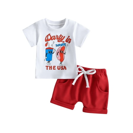 

IZhansean Baby Boy 4th of July Outfit Short Sleeve USA Letter Print Tops Shorts Infant Independence Day Clothes White 0-6 Months