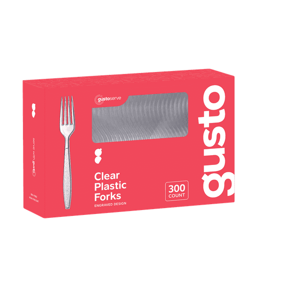 GUSTO Engraved Plastic Forks Disposable Silverware Heavy Duty Cutlery Clear, 300-pack