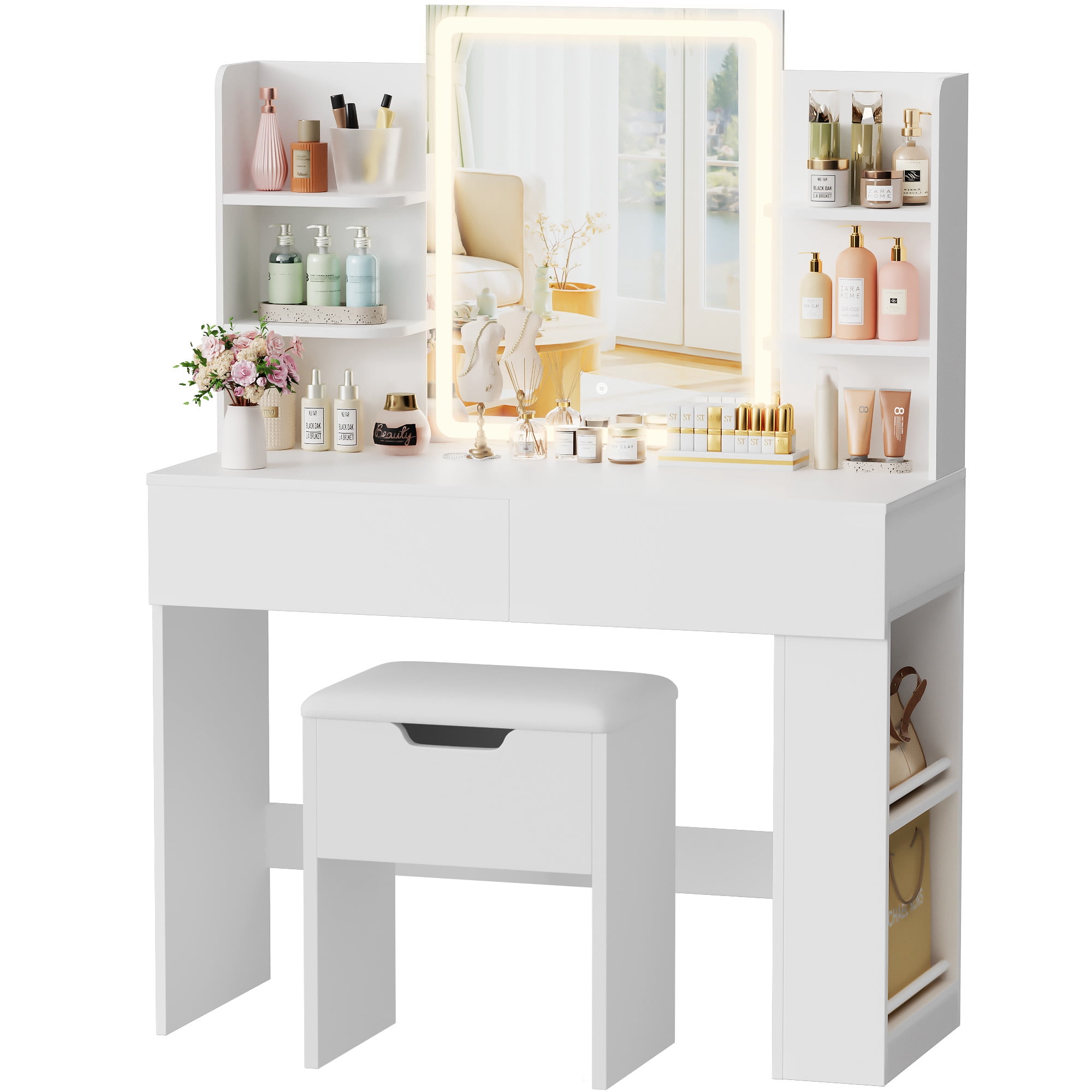 Homall Vanity Desk Set with 3 Colors LED Lighted Mirror, Makeup Vanity with Stool, Storage Shelves and Drawers, Vanity Table Dressing Table for Bedroom, White