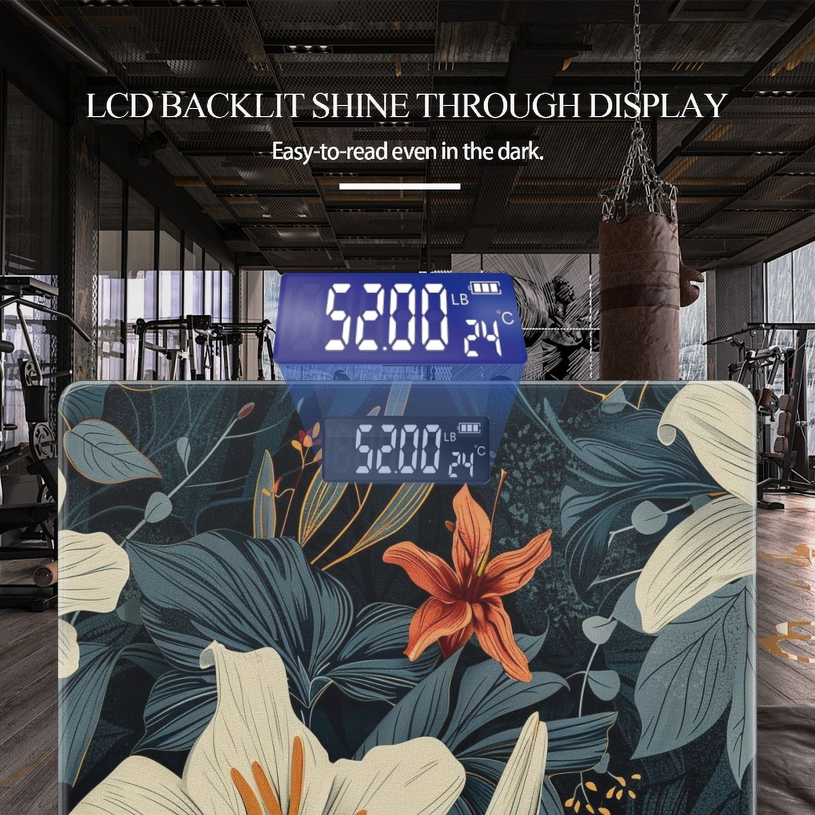 High Precision Body Weight Scale Smart Bathroom Scales with Large LCD Display(400lbs),Decorative for Bedroom-White Lilies And Dark Navy Blue Leaves With Dark Orange Accents